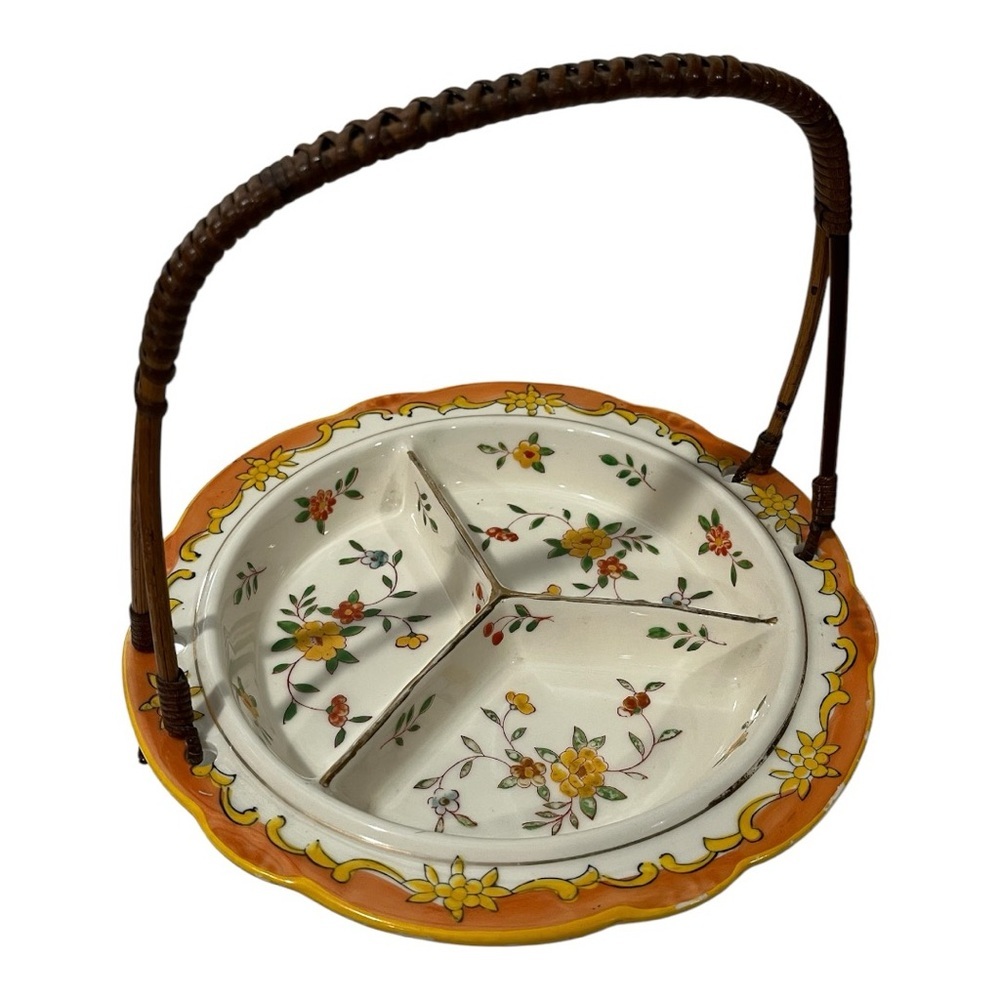 VINTAGE HAND-PAINTED SERVING PLATE WITH RATTAN HANDLE